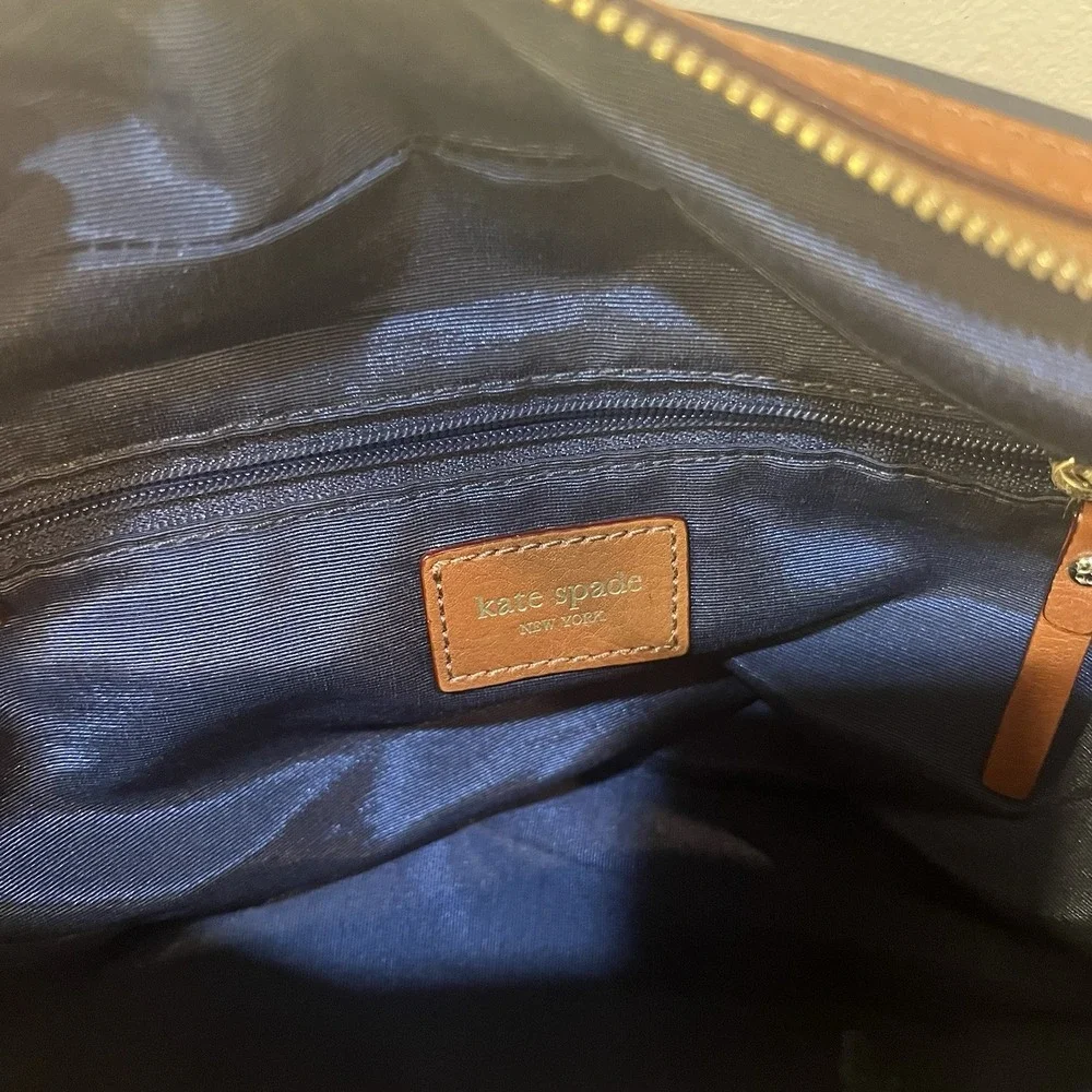 Kate Spade NY Navy Nylon Satchel Brown‎ Leather Trim Mini Bowler Top Handle Bag